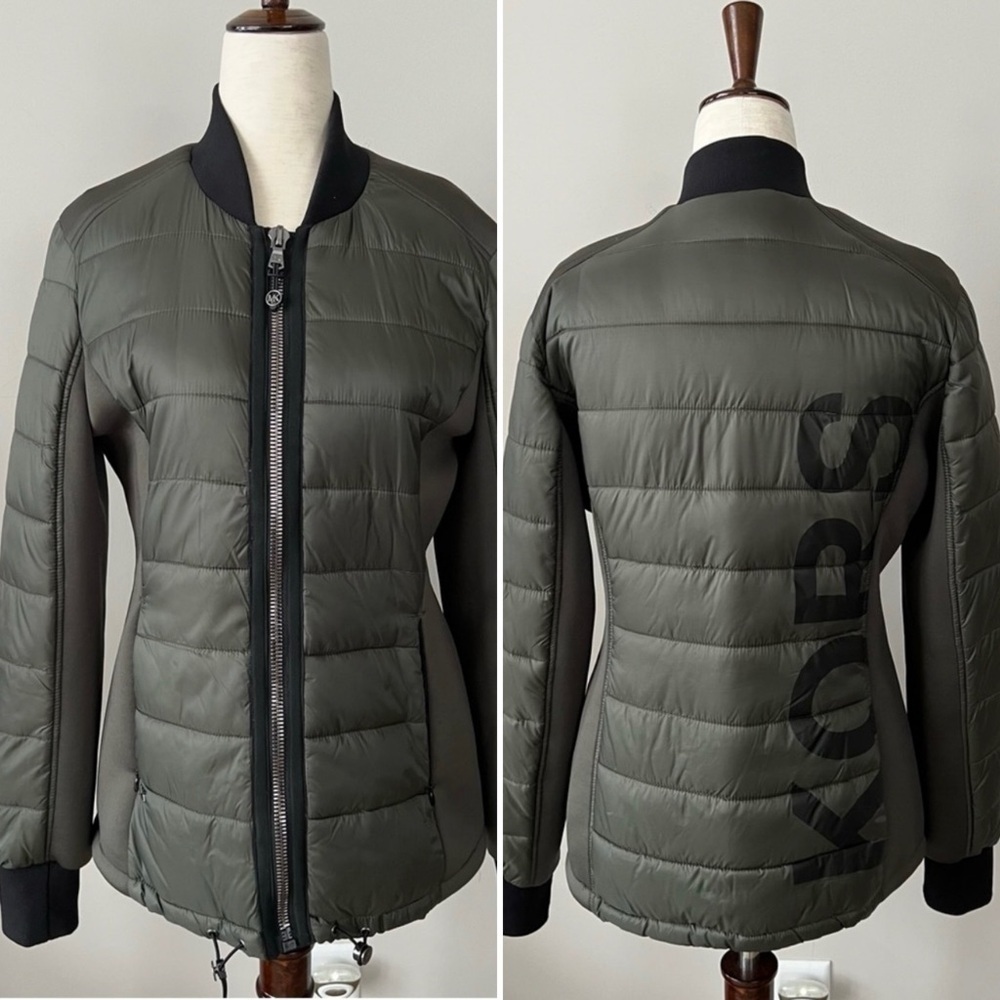 Like New! Michael Kors Bomber Puffer Jacket w/Scuba Side Panels and Graphic Logo